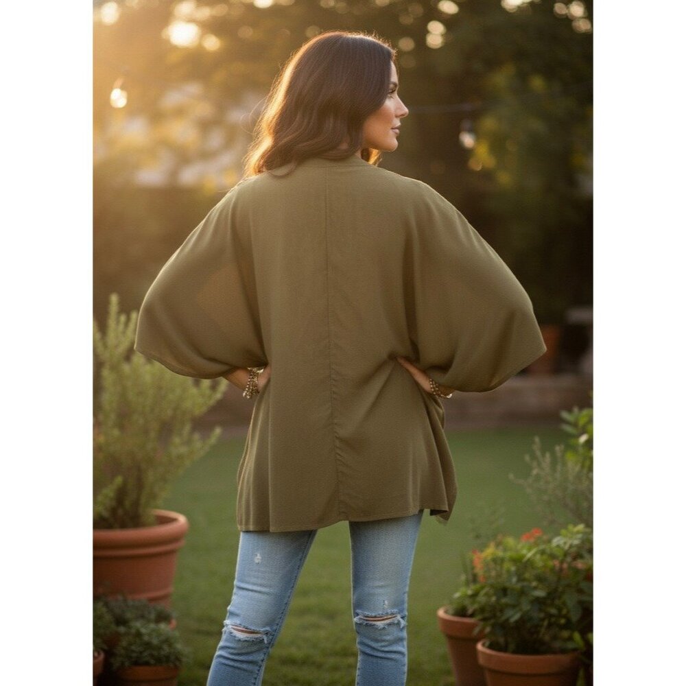 Free People Boho Kimono Jacket | Olive Green Flowy Duster Open Front Cottagecore - Picture 8 of 15